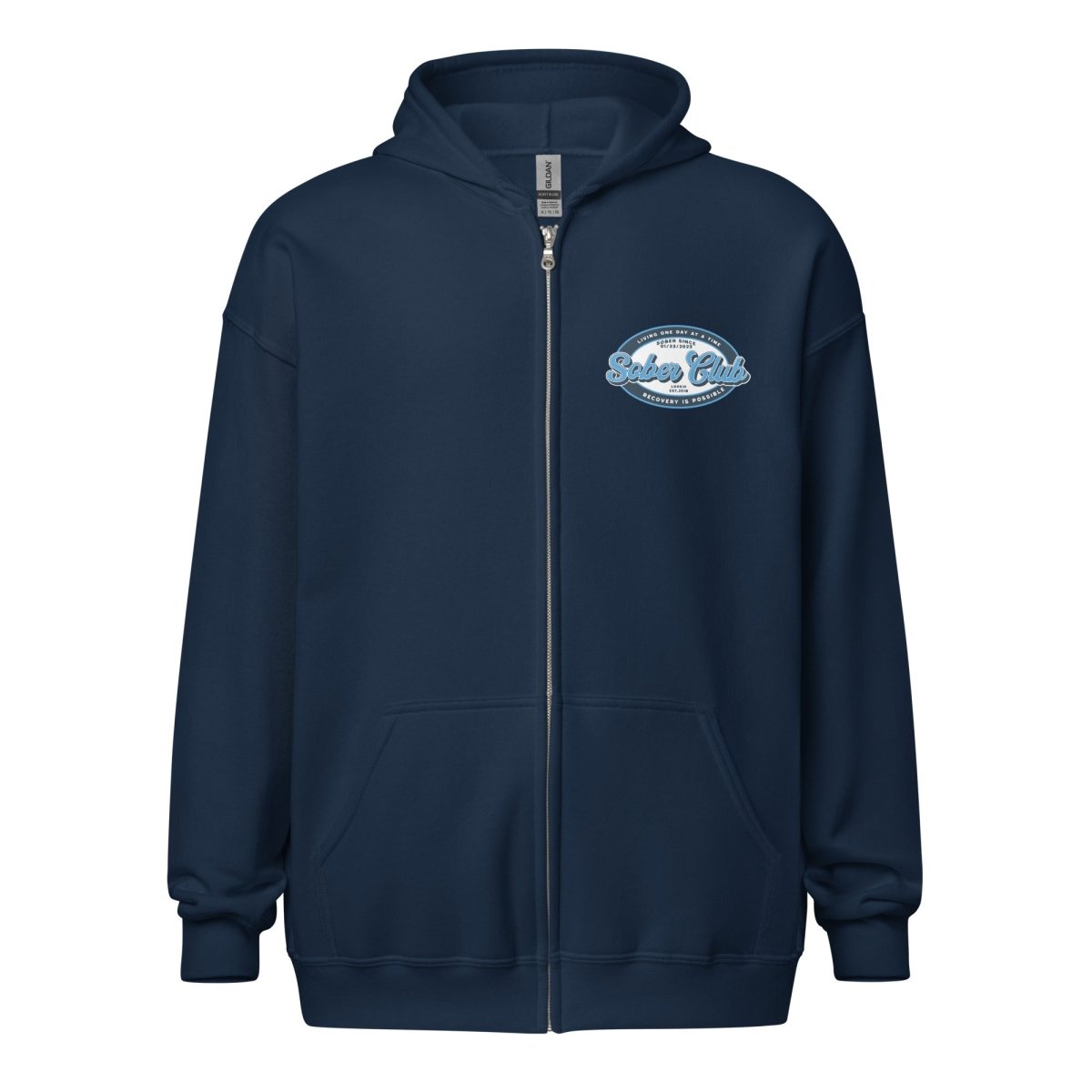 Sober Club Badge Left Chest Print Unisex Zip Recovery Hoodie packaging detail (view 8)