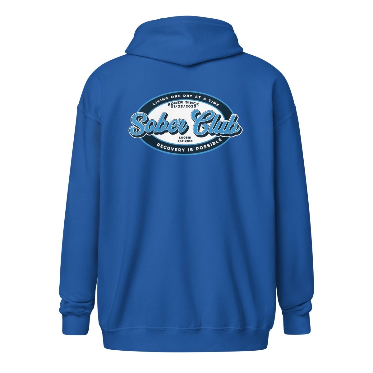 Sober Club Badge Left Chest Print Unisex Zip Recovery Hoodie featuring the design (view 21)