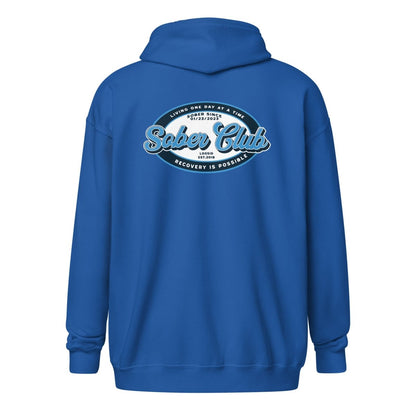 Sober Club Badge Left Chest Print Unisex Zip Recovery Hoodie featuring the design (view 21)