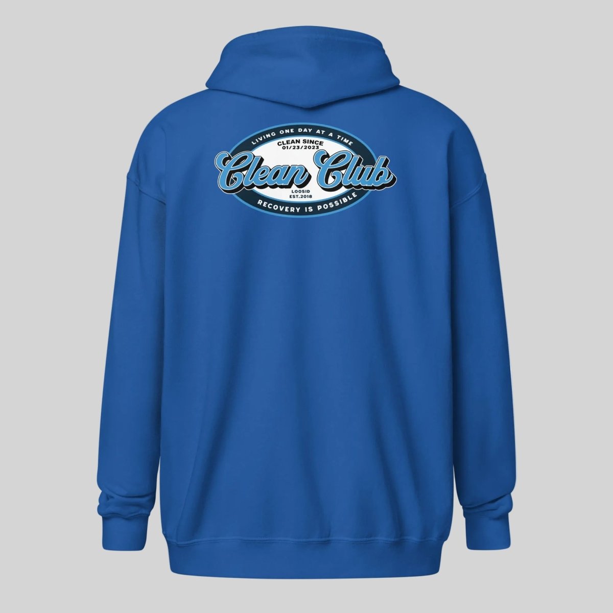 Clean Club Badge Left Chest Print Unisex Zip Recovery Hoodie lifestyle view (view 25)