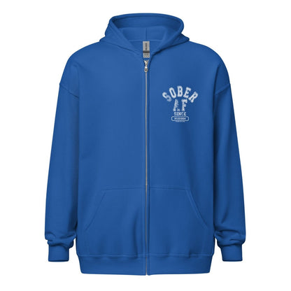Sober AF Since Unisex Zip Recovery Hoodie close-up view (view 12)