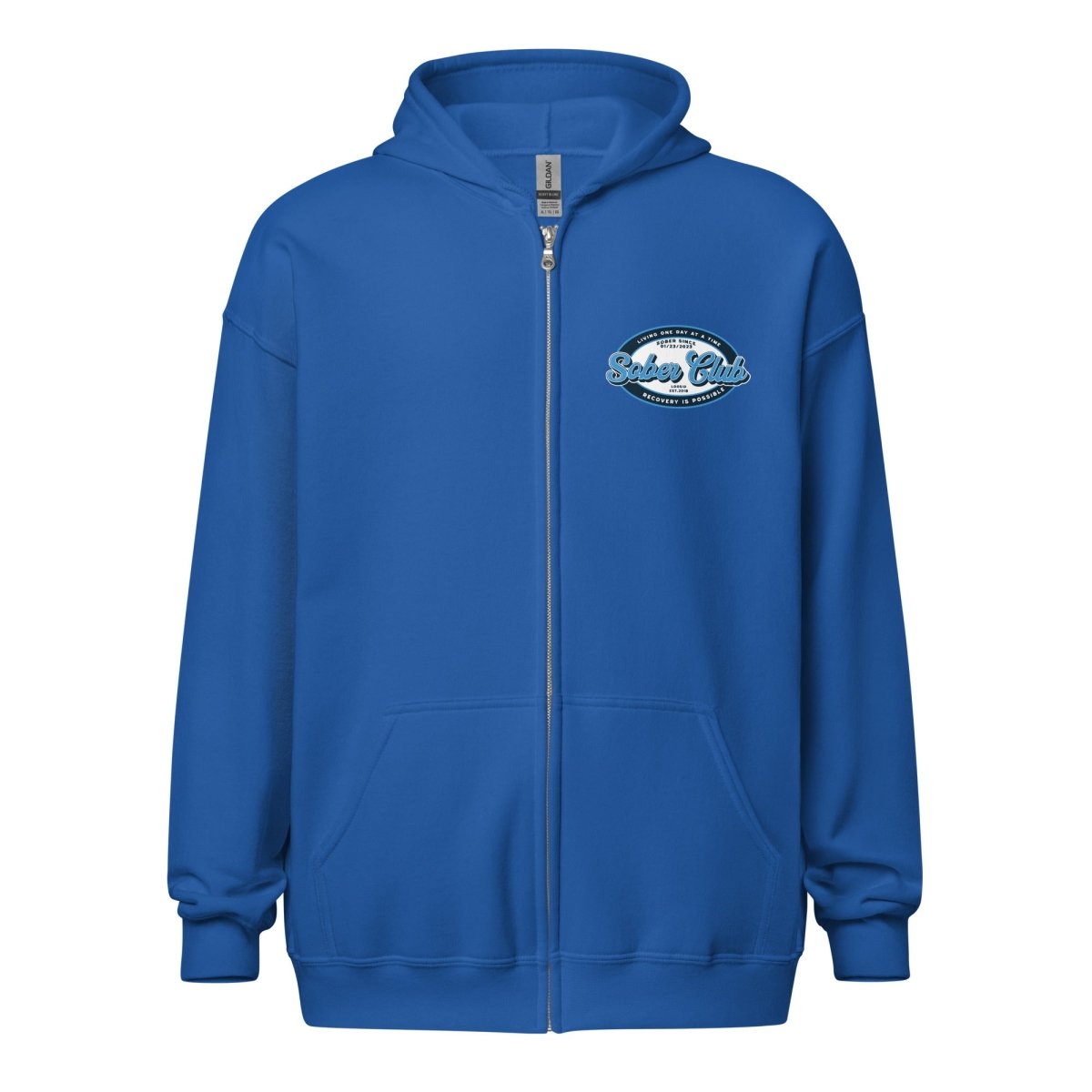Sober Club Badge Left Chest Print Unisex Zip Recovery Hoodie packaging detail (view 18)