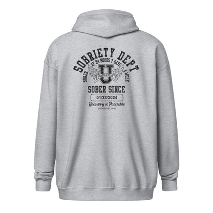 Sobriety Dept Zip Recovery Hoodie flat lay styled image (view 33)