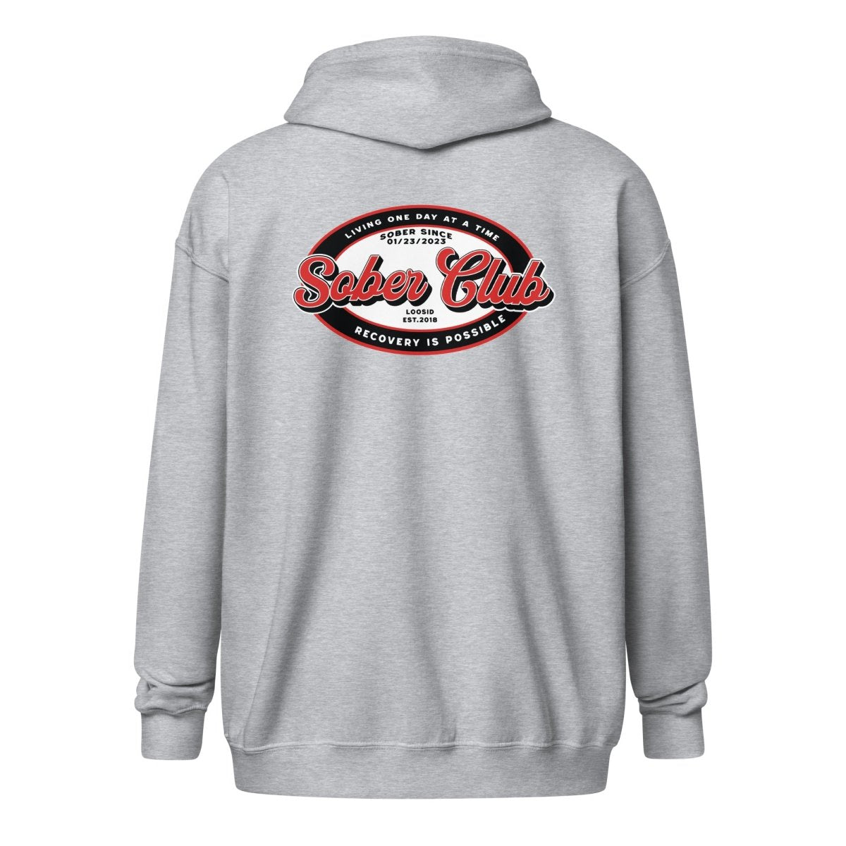 Sober Club Badge Left Chest Print Unisex Zip Recovery Hoodie featuring the design (view 31)