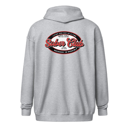 Sober Club Badge Left Chest Print Unisex Zip Recovery Hoodie featuring the design (view 31)