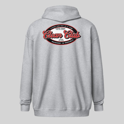 Clean Club Badge Left Chest Print Unisex Zip Recovery Hoodie flat lay styled image (view 13)