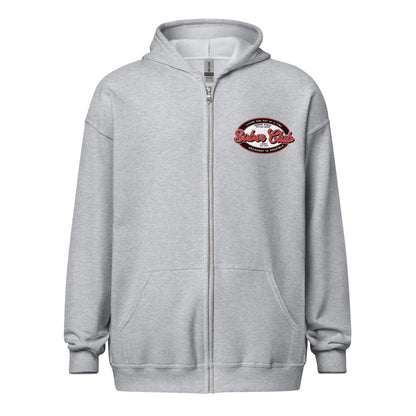 Sober Club Badge Left Chest Print Unisex Zip Recovery Hoodie fit detail (view 29)