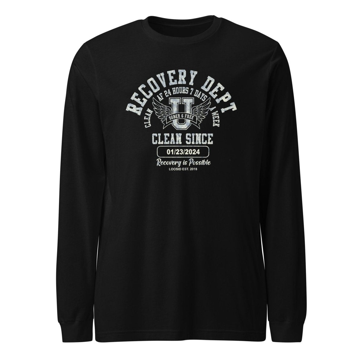 Recovery Dept Clean AF 24 7 Long Sleeve Sober T Shirt flat lay styled image (view 3)