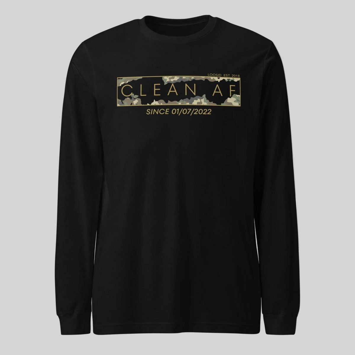 Clean AF Camo Long Sleeve Sober T Shirt flat lay styled image (view 3)