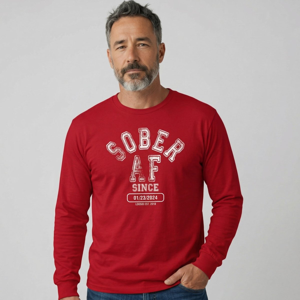 Sober AF Since Long Sleeve Sober T Shirt flat lay styled image (view 33)