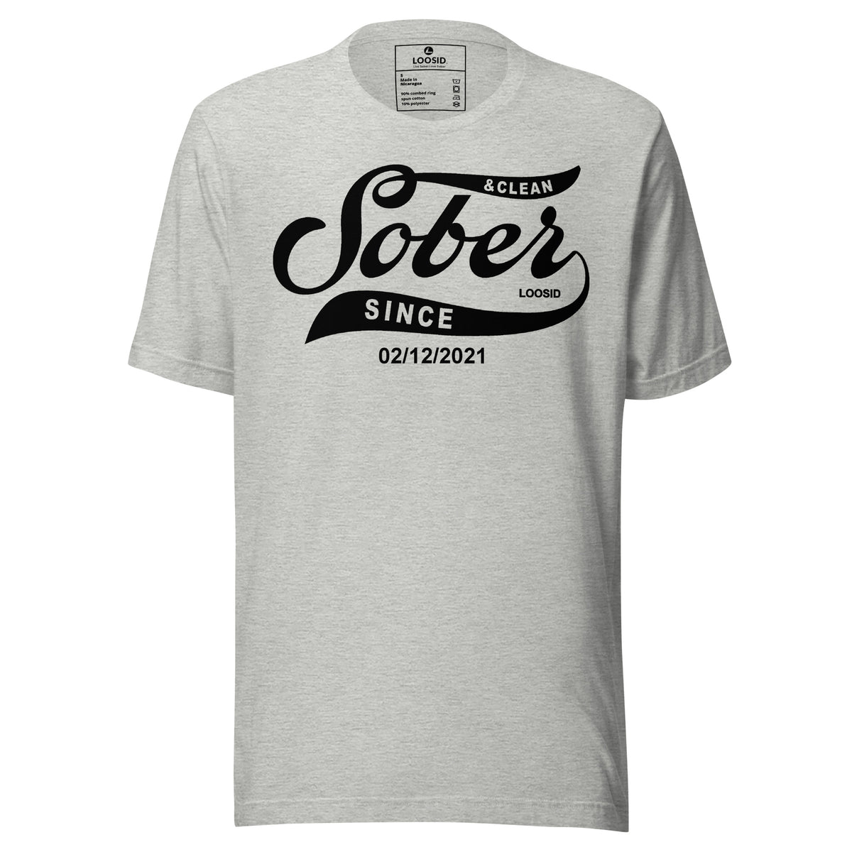 Close-up of text on sobriety t shirt showing “Sober Since” date