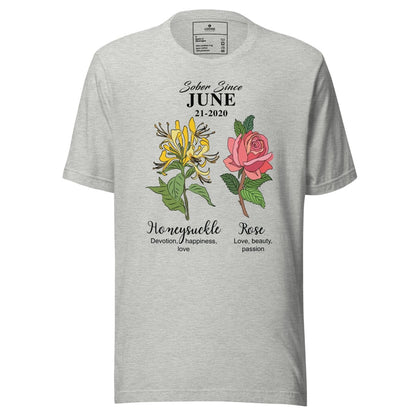Sober Since Monthly Flower Tee Personalized with Your Sober Date Sober T Shirt lifestyle view (view 5)
