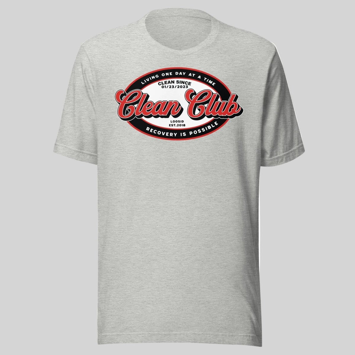 Clean Club Badge Unisex with Custom Recovery Sober T Shirt flat lay styled image (view 23)