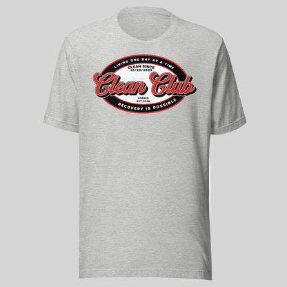 Clean Club Badge Unisex with Custom Recovery Sober T Shirt flat lay styled image (view 23)