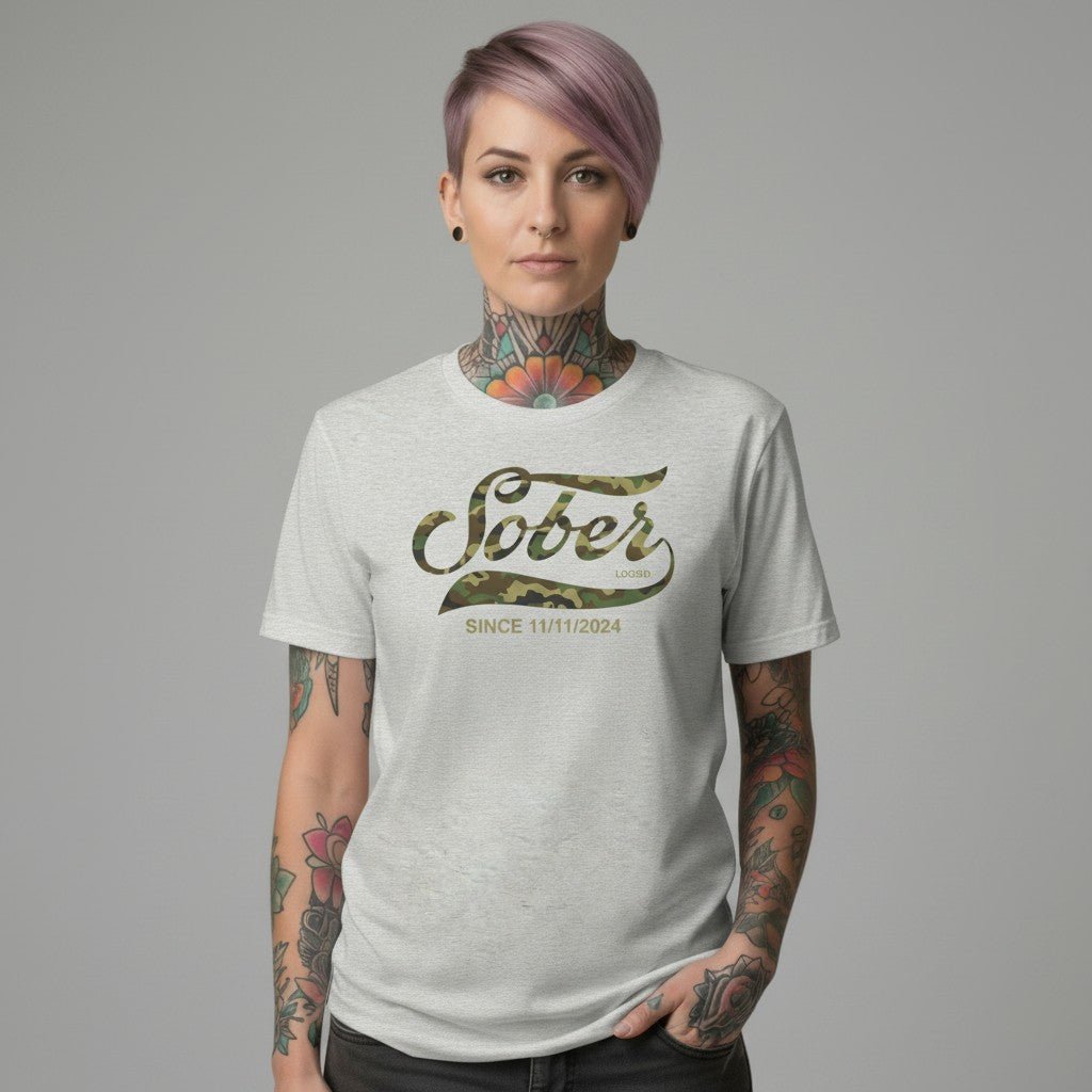 Sober Since Camo Sober T Shirt flat lay styled image (view 3)