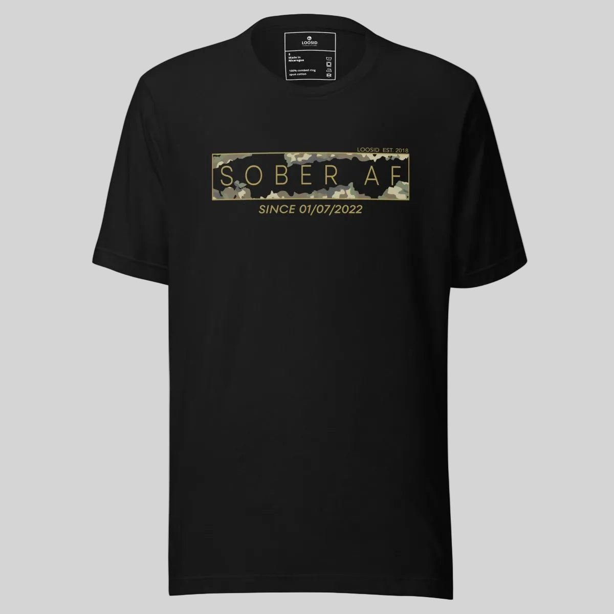 Sober AF Camo Sober T Shirt flat lay styled image (view 3)