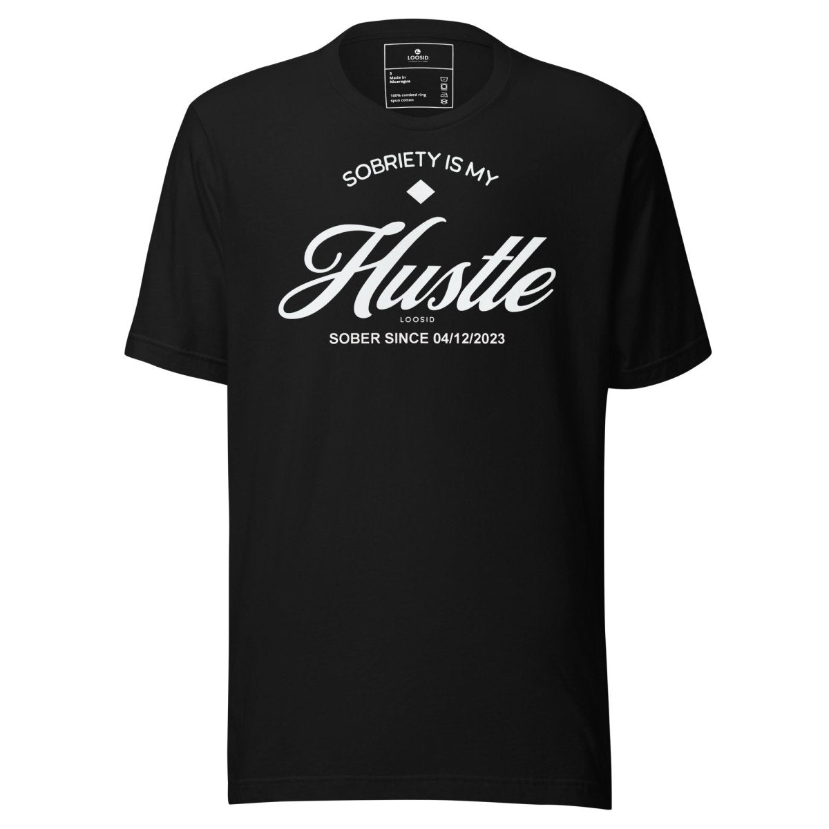 Hustle Men's Relaxed w Personalize Sober Date Sober T Shirt flat lay styled image (view 3)