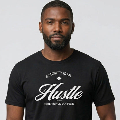 Hustle Men's Relaxed w Personalize Sober Date Sober T Shirt close-up view (view 2)