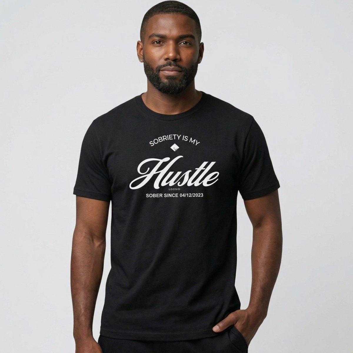 Hustle Men's Relaxed w Personalize Sober Date Sober T Shirt graphic detail (view 4)