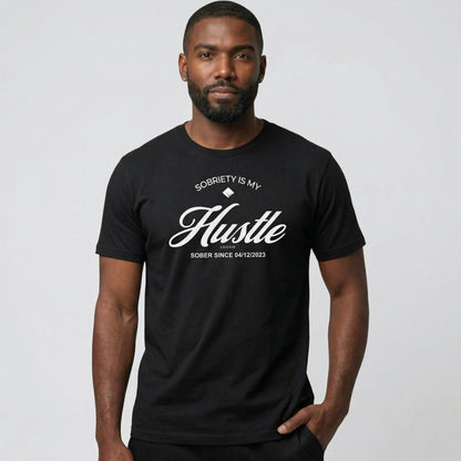 Hustle Men's Relaxed w Personalize Sober Date Sober T Shirt graphic detail (view 4)