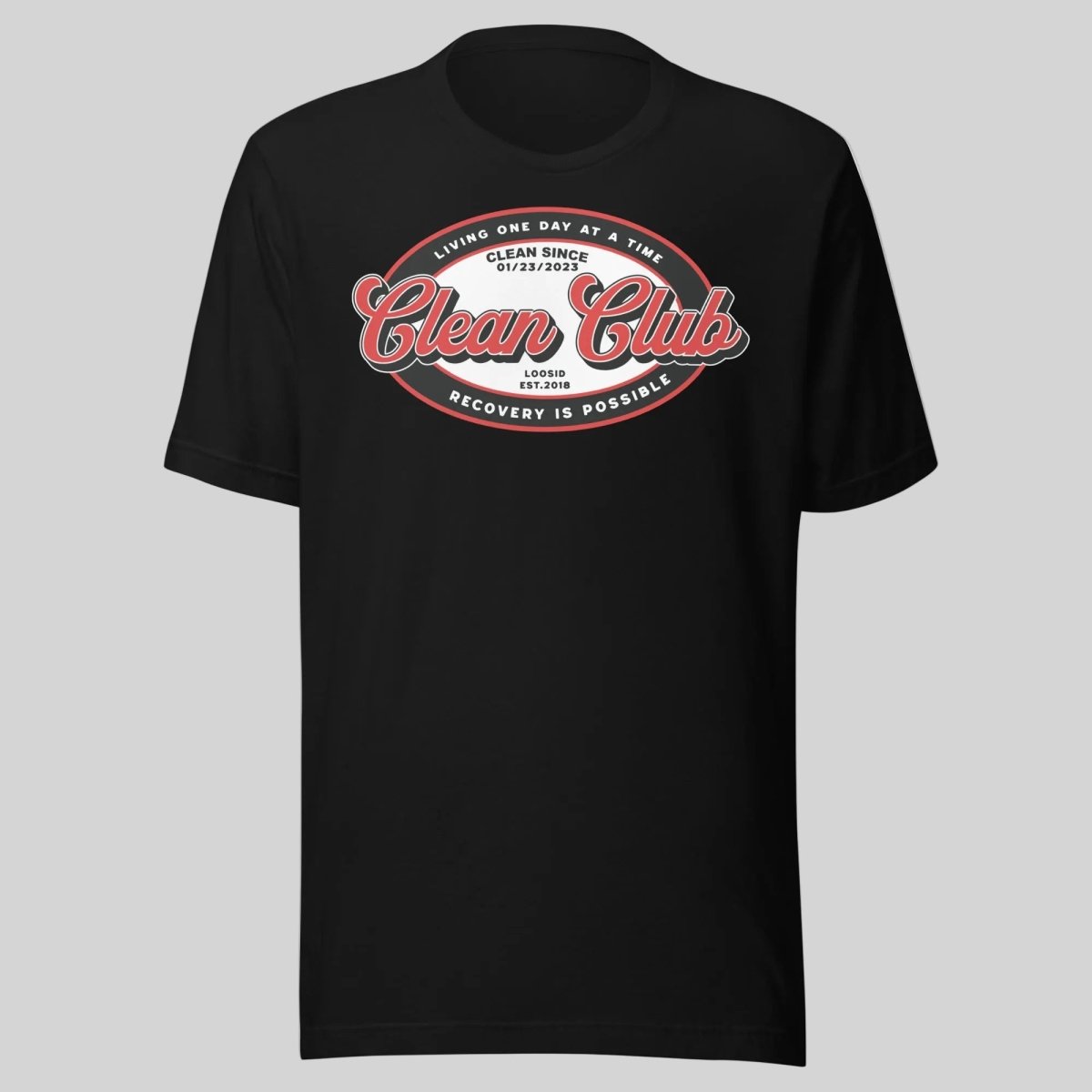 Clean Club Badge Unisex with Custom Recovery Sober T Shirt flat lay styled image (view 3)