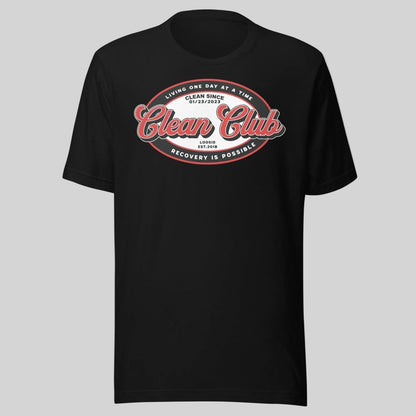 Clean Club Badge Unisex with Custom Recovery Sober T Shirt flat lay styled image (view 3)