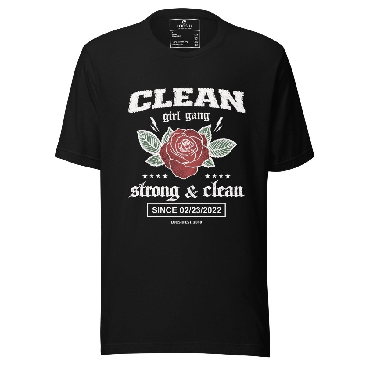 Clean Girl Gang Strong & Clean Sober T Shirt flat lay styled image (view 3)