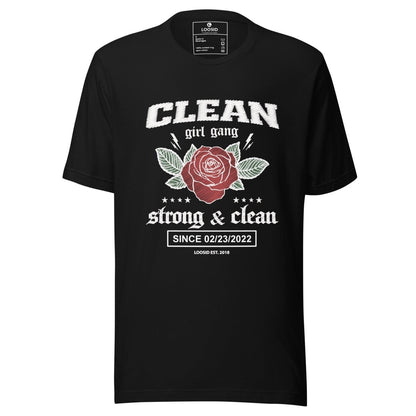 Clean Girl Gang Strong & Clean Sober T Shirt flat lay styled image (view 3)
