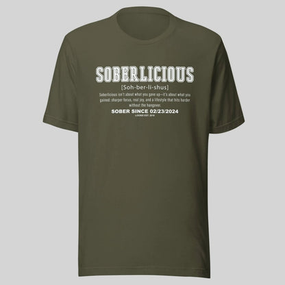 Soberlicious Definition w Custom Sobriety Date Sober T Shirt flat lay styled image (view 23)