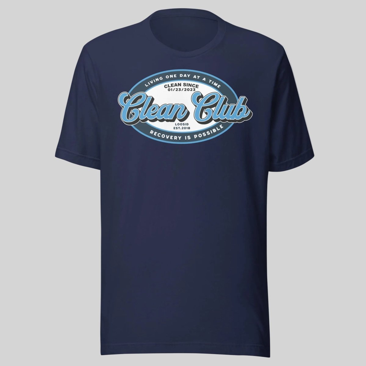 Clean Club Badge Unisex with Custom Recovery Sober T Shirt featuring the design (view 11)