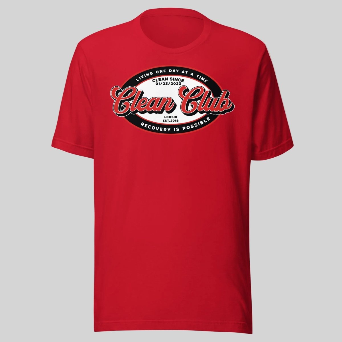 Clean Club Badge Unisex with Custom Recovery Sober T Shirt lifestyle view (view 5)