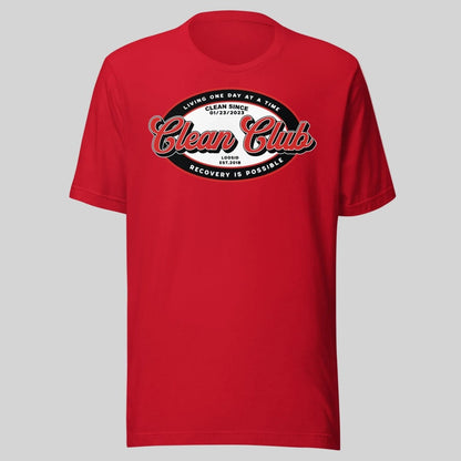 Clean Club Badge Unisex with Custom Recovery Sober T Shirt lifestyle view (view 5)