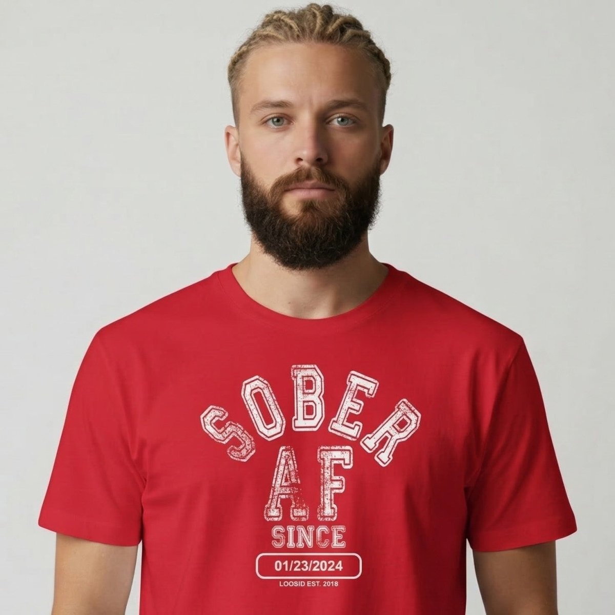 Sober AF Since Sober T Shirt flat lay styled image (view 13)