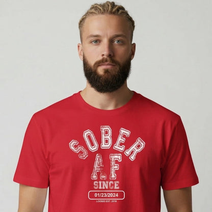 Sober AF Since Sober T Shirt flat lay styled image (view 13)