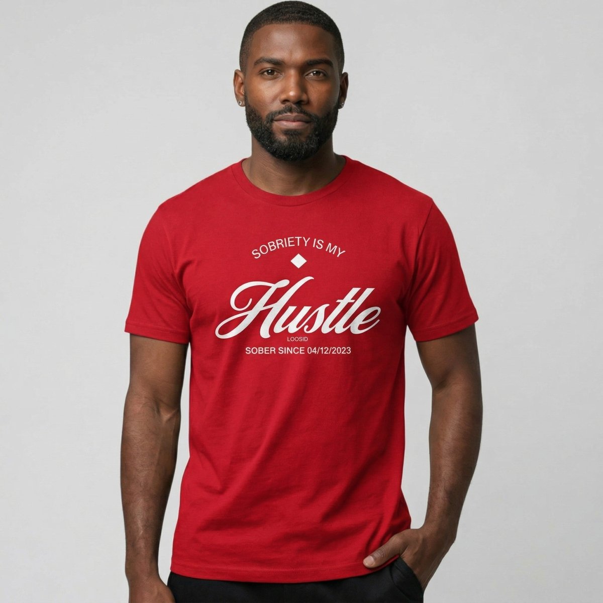 Hustle Men's Relaxed w Personalize Sober Date Sober T Shirt fit detail (view 19)