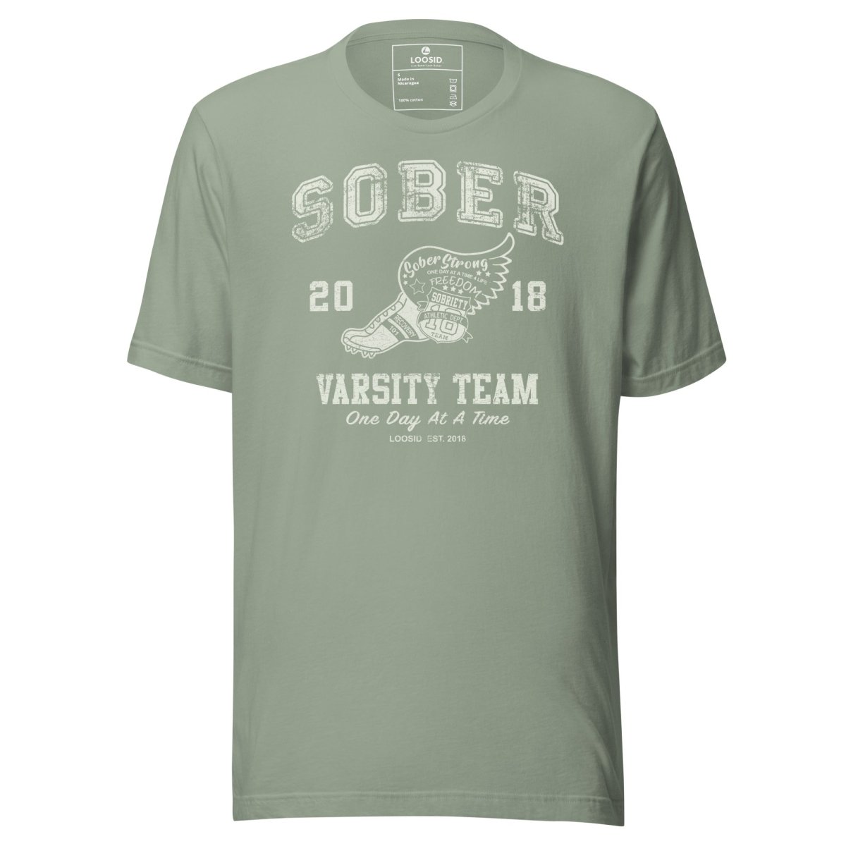 Sober Varsity Team Sober T Shirt flat lay styled image (view 23)