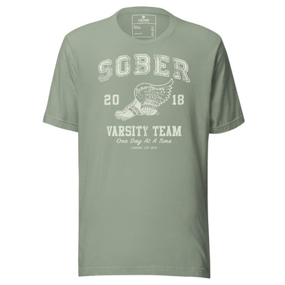 Sober Varsity Team Sober T Shirt flat lay styled image (view 23)