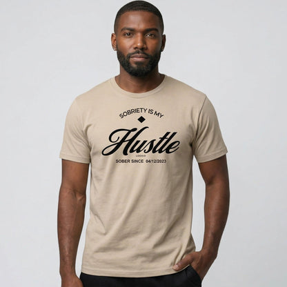 Hustle Men's Relaxed w Personalize Sober Date Sober T Shirt flat lay styled image (view 13)