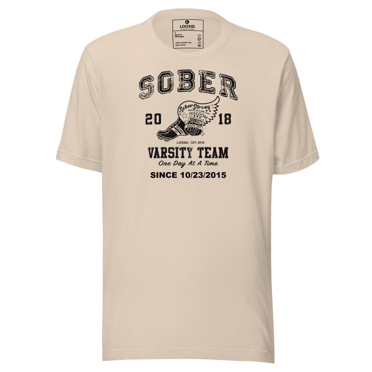 Sober Varsity Sober T Shirt flat lay styled image (view 23)