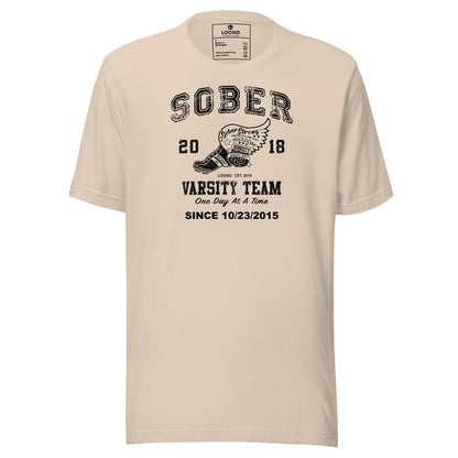 Sober Varsity Sober T Shirt flat lay styled image (view 23)
