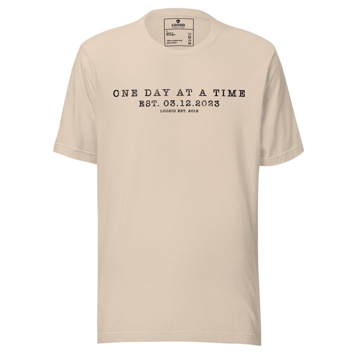 One Day At a Time Sober T Shirt flat lay styled image (view 3)