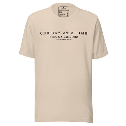 One Day At a Time Sober T Shirt flat lay styled image (view 3)