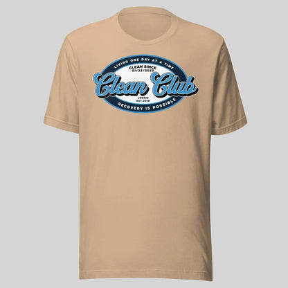 Clean Club Badge Unisex with Custom Recovery Sober T Shirt back view (view 17)