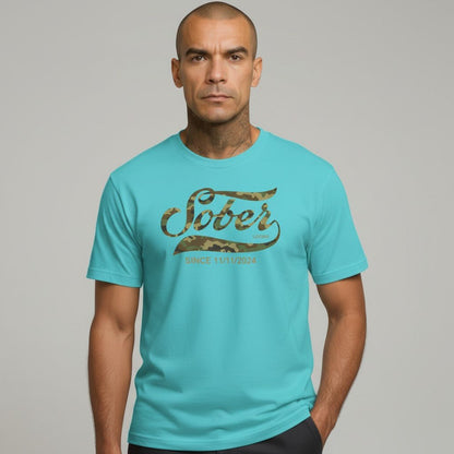 Sober Since Camo Sober T Shirt flat lay styled image (view 13)
