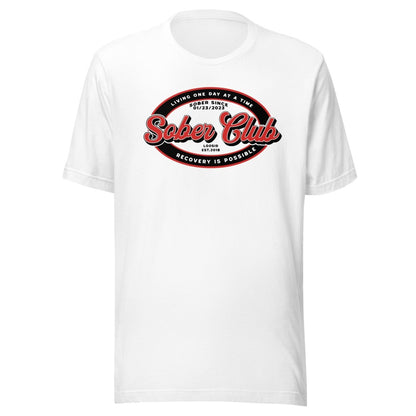 Sober Club Badge Sober T Shirt flat lay styled image (view 13)