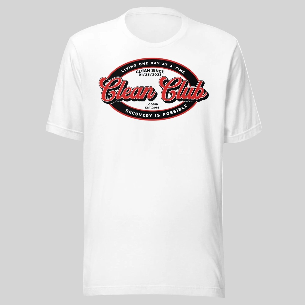 Clean Club Badge Unisex with Custom Recovery Sober T Shirt packaging detail (view 8)