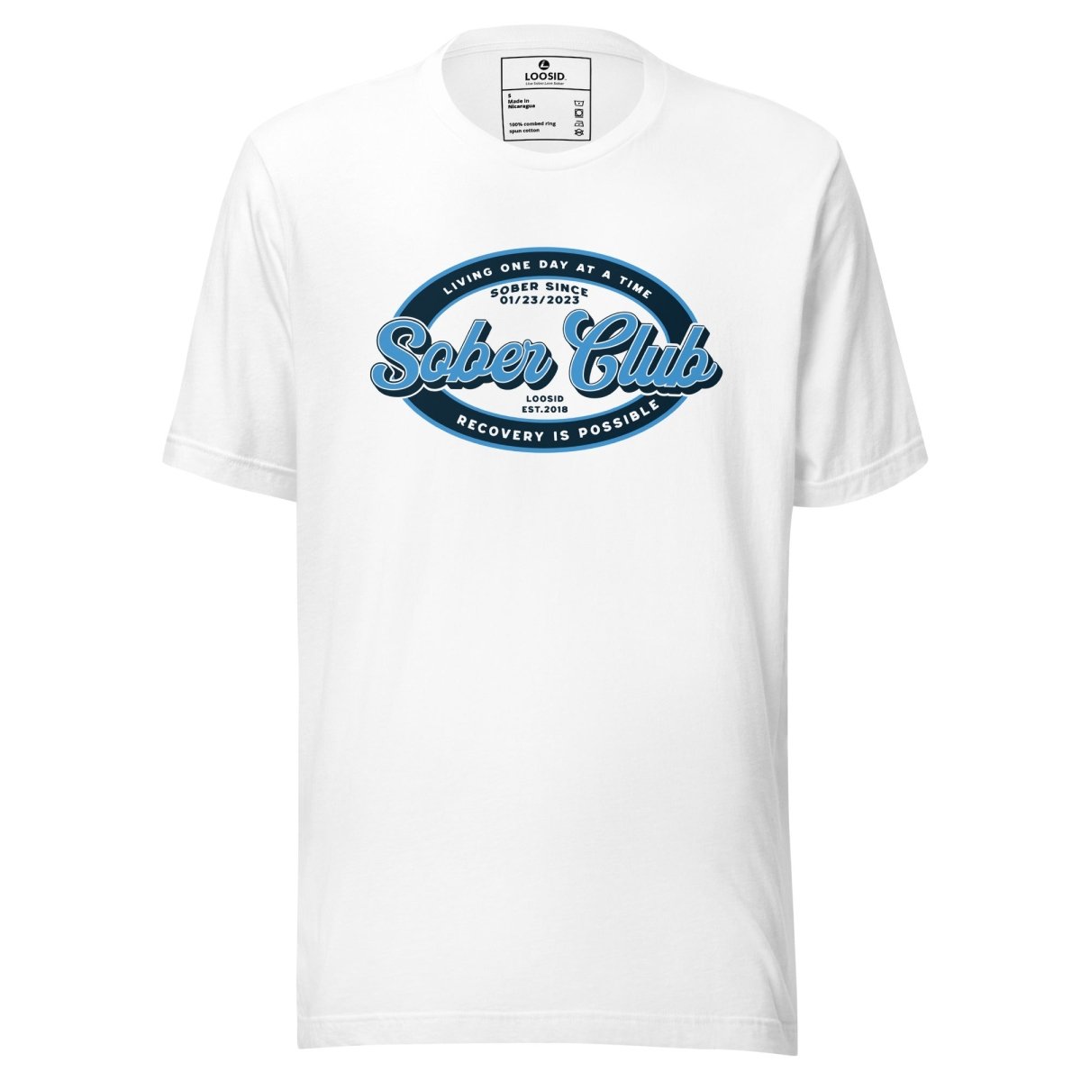 Sober Club Badge Sober T Shirt flat lay styled image (view 3)