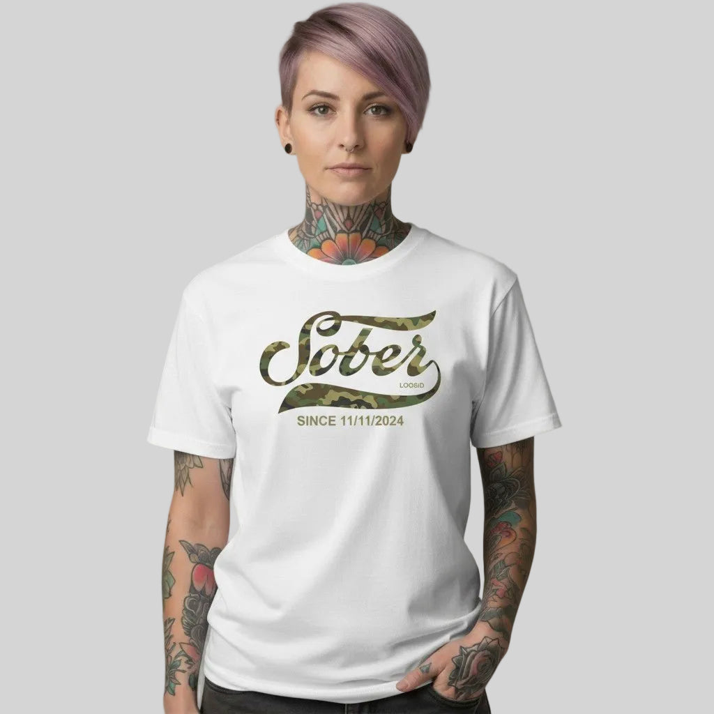 Sober Since Camo Sober T Shirt featuring the design (view 21)