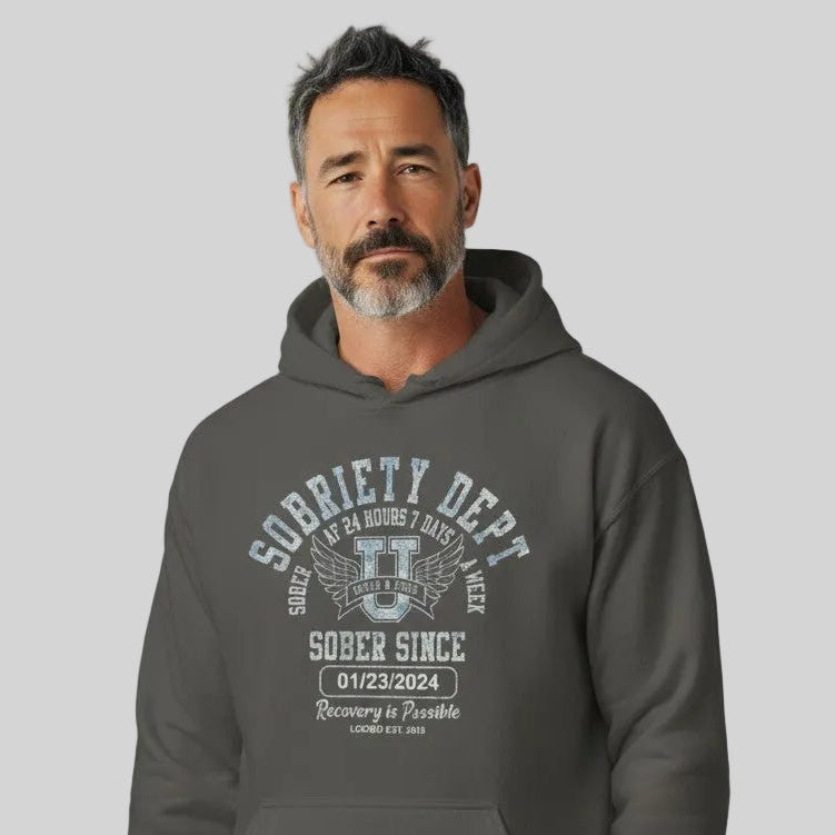 Sobriety Dept Recovery Hoodie close-up view (view 12)