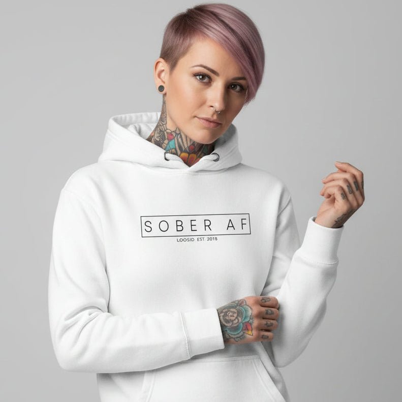 Sober AF Recovery Hoodie flat lay styled image (view 13)